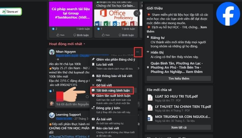 Tùy chọn tắt tính năng bình luận trên bài đăng nhóm hoặc Fanpage (máy tính)