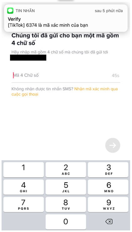 Xác minh tài khoản TikTok bằng mã gửi đến điện thoại.