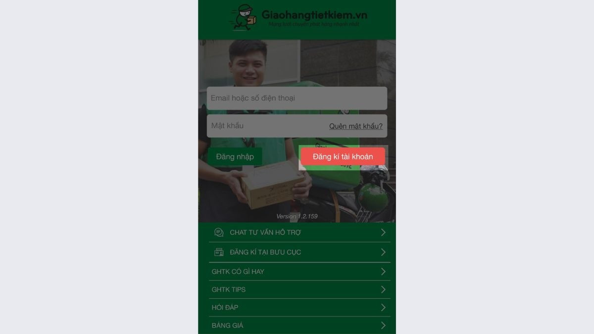 Màn hình đăng ký tài khoản Giao Hàng Tiết Kiệm