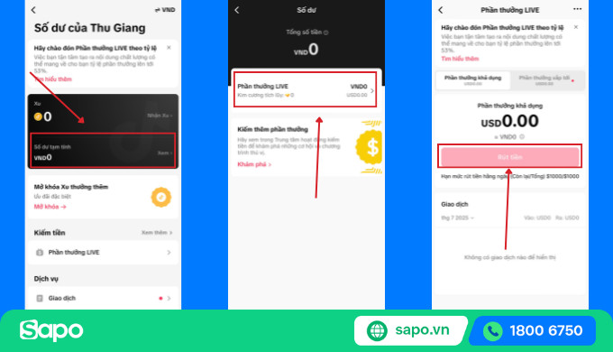 Giao diện mục "Số dư" trên TikTok hiển thị số tiền khả dụng