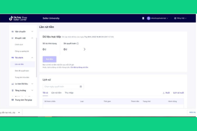 Trang quản lý tài chính trên TikTok Shop dành cho người bán