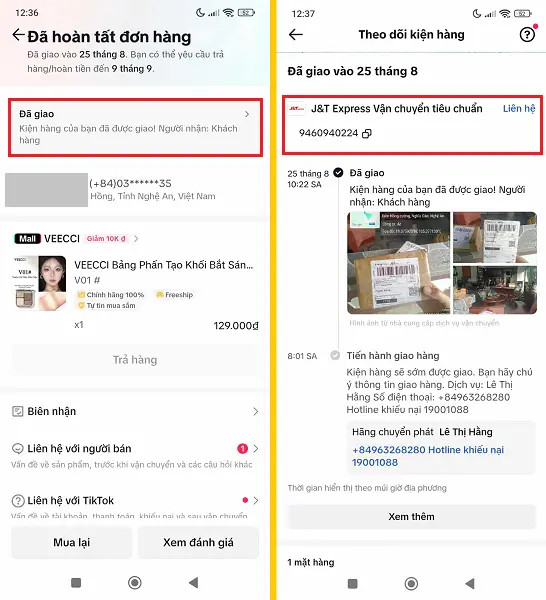 Vị trí mã vận đơn và thông tin giao hàng