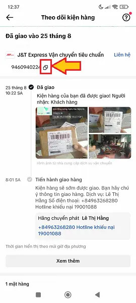 Biểu tượng sao chép mã vận đơn trên TikTok Shop