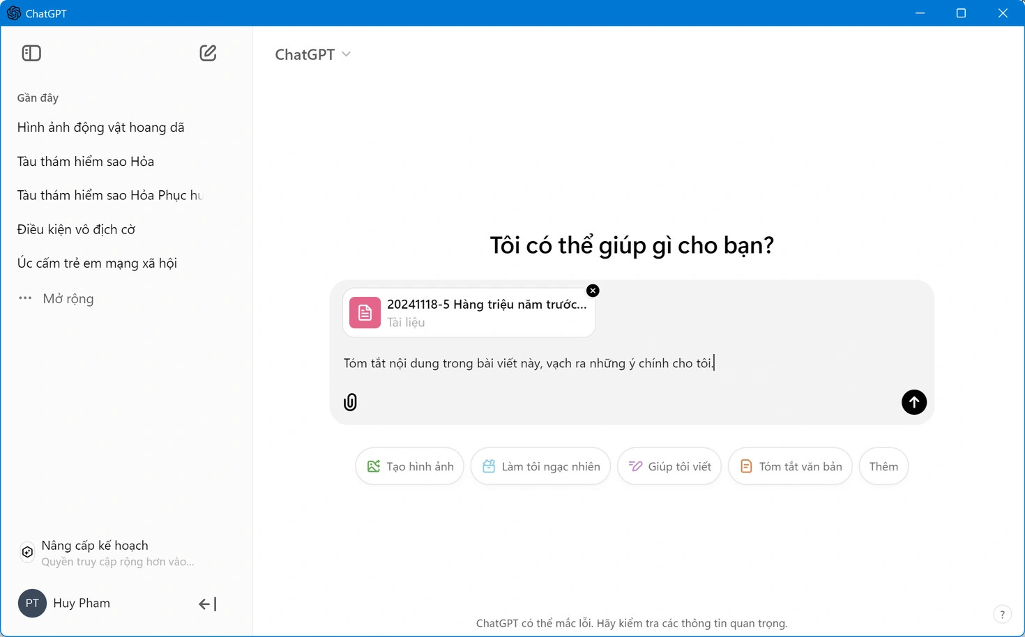 Giao diện chat của ChatGPT trên Windows tương tự phiên bản web