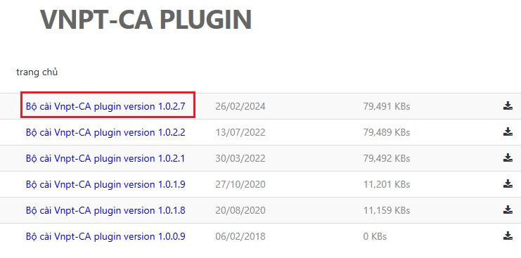 Chọn phiên bản VNPT – CA Plugin 1.0.2.7 mới nhất