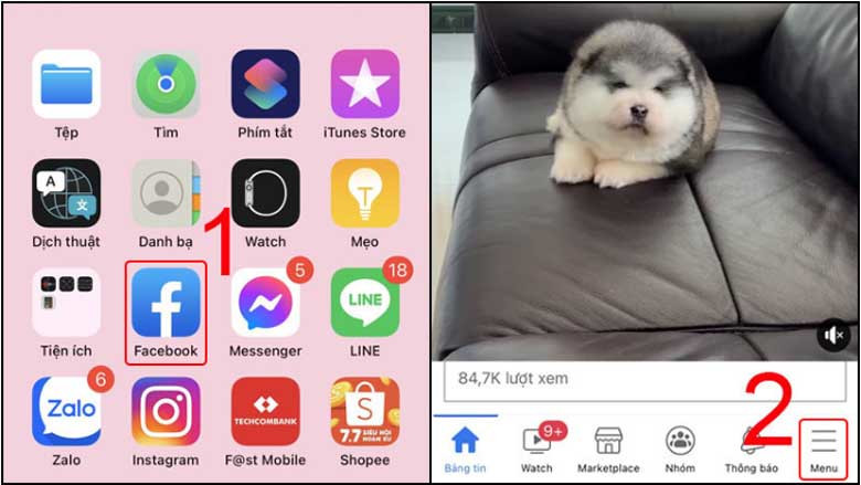 Màn hình chính Facebook và vị trí biểu tượng Menu trên điện thoại