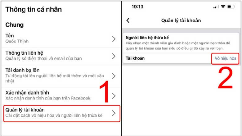 Màn hình Quản lý tài khoản và tùy chọn Vô hiệu hóa tài khoản