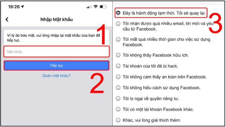 Giao diện nhập mật khẩu và lựa chọn lý do vô hiệu hóa tài khoản Facebook