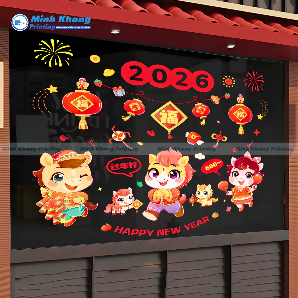 Mẫu decal tết đẹp màu đỏ gold, nâng tầm sự sang trọng và rực rỡ của decor Tết bính ngọ 2026