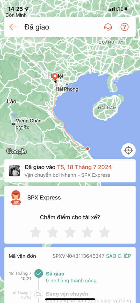 Chi tiết trạng thái đơn hàng SPX Express trên ứng dụng Shopee