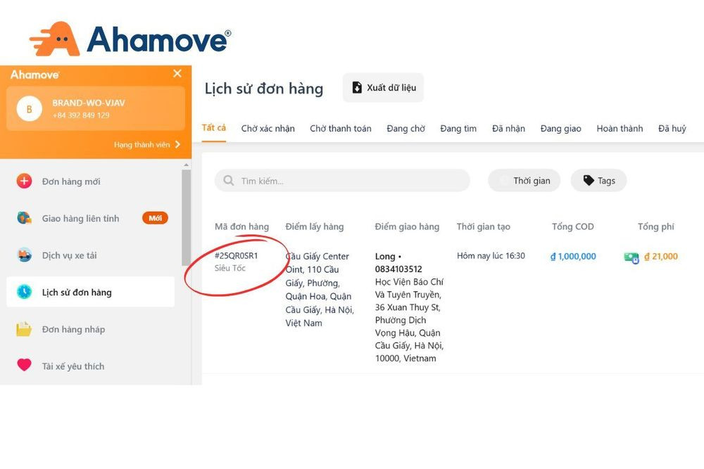 Khi tạo đơn trên app Ahamove, hệ thống sẽ tự động cấp mã vận đơn