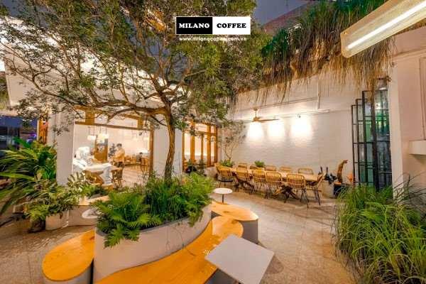 Một quán cà phê sân vườn nhỏ với không gian xanh mát và bàn ghế gỗ ấm cúng