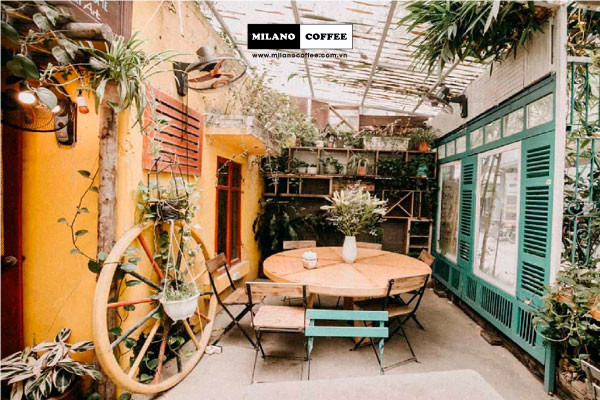 Một quán cafe nhỏ có không gian sân vườn với nhiều cây xanh và lối đi lát đá