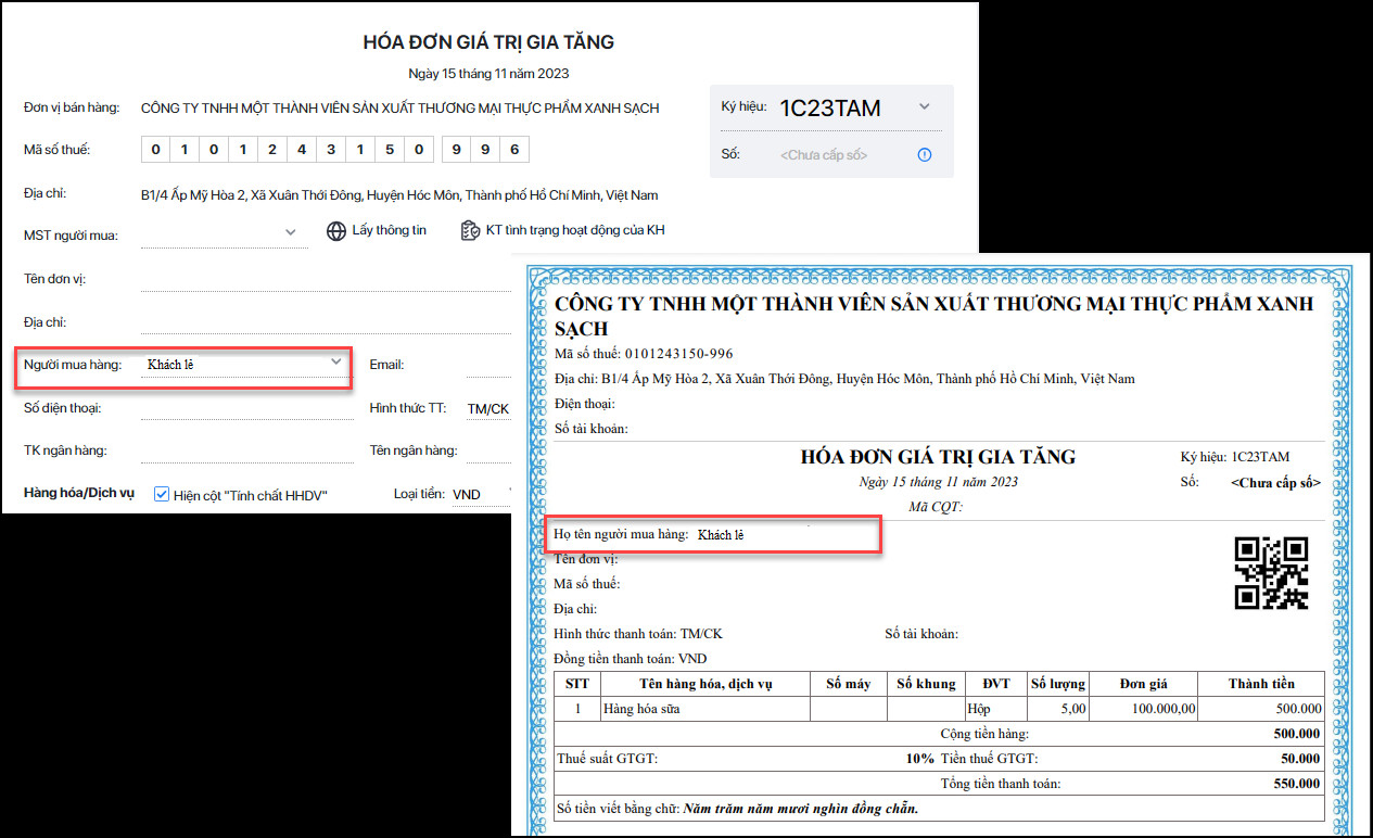 Ví dụ hóa đơn điện tử cho khách lẻ không lấy hóa đơn