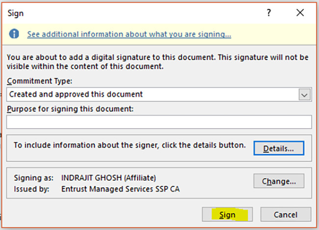 Hộp thoại Sign để xác nhận và tạo chữ ký ẩn