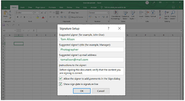 Hộp thoại Signature Setup với các tùy chọn cấu hình chữ ký