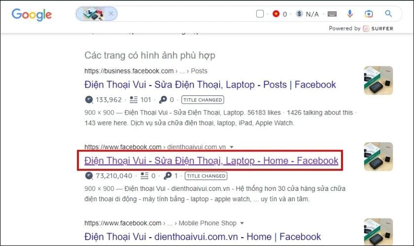 Kết quả tìm kiếm Facebook qua hình ảnh trên Google