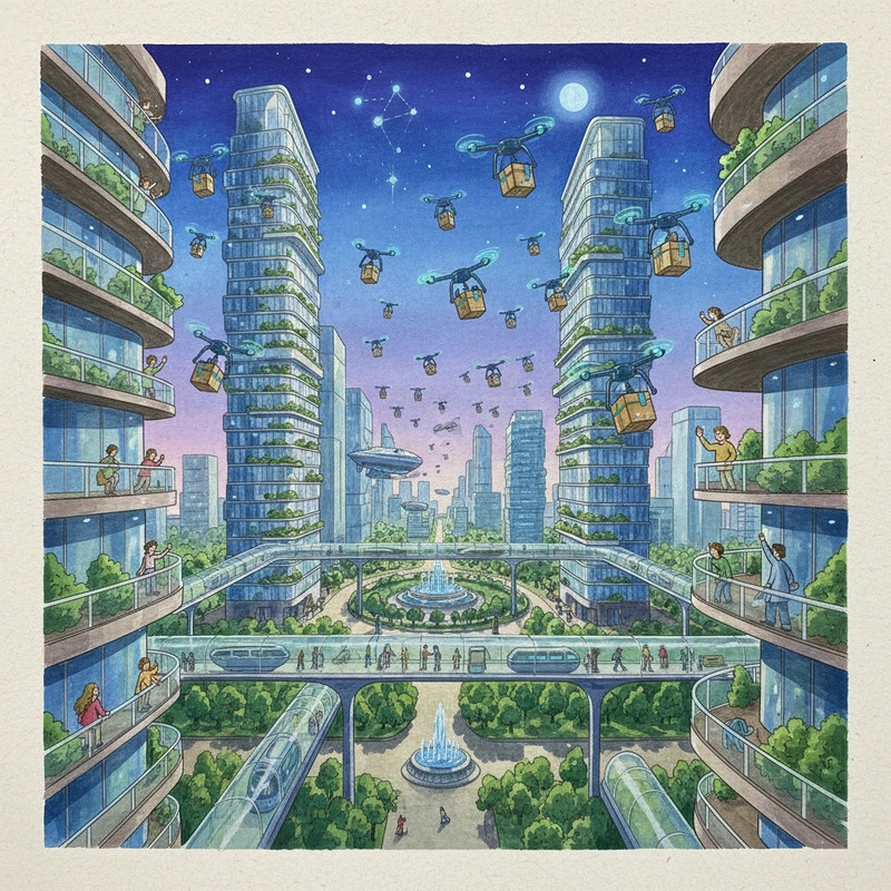 Bản vẽ đơn giản về thành phố tương lai với các kiến trúc dễ hình dung, dễ áp dụng vào thực tế