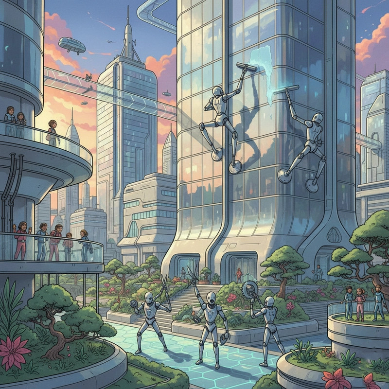 Tranh minh họa thành phố tương lai với những nét vẽ đơn giản, phù hợp cho học sinh