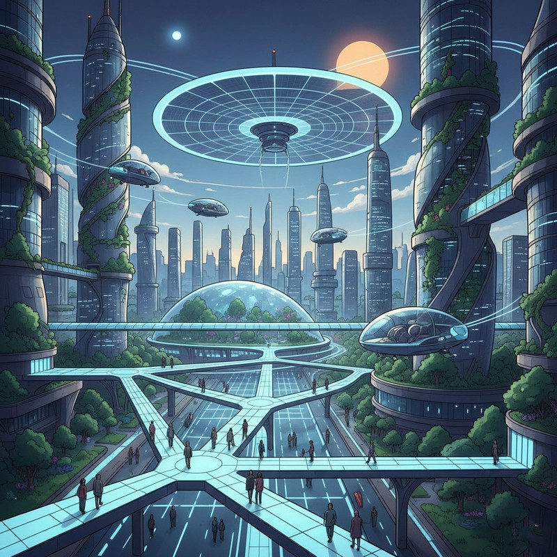 Thành phố tương lai được vẽ với nhiều cây xanh và yếu tố thân thiện với môi trường