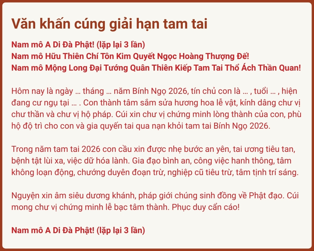 Bài văn khấn cúng giải hạn Tam tai 2026