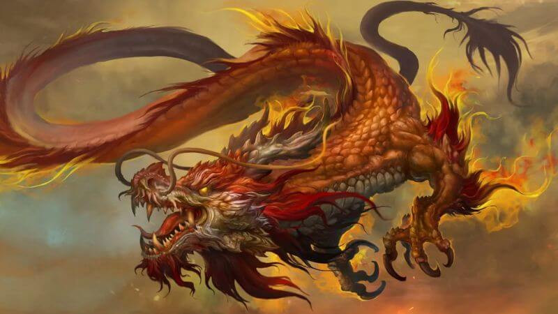 Bức tranh vẽ rồng vàng châu Á uốn lượn, tượng trưng cho quyền lực