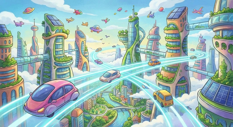 Hình ảnh thành phố trong tương lai với kiến trúc hiện đại và công nghệ tiên tiến