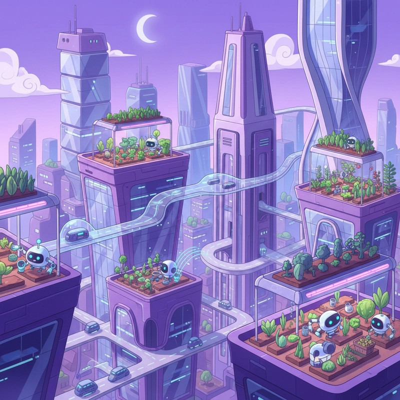 Thành phố tương lai được vẽ theo phong cách tối giản, tập trung vào hình khối và đường nét cơ bản