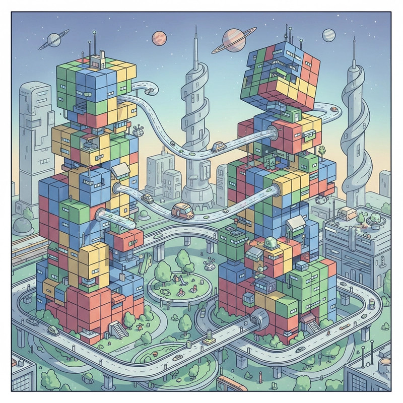 Bản vẽ thành phố tương lai với các yếu tố đơn giản, dễ dàng để người mới bắt đầu vẽ theo
