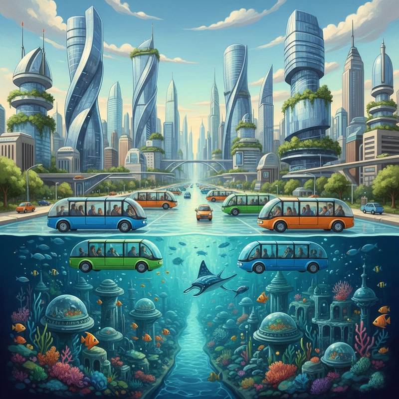 Một bức tranh thành phố tương lai mang nhiều ý nghĩa về cuộc sống, công nghệ và môi trường