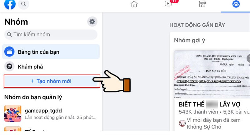 Giao diện Facebook trên máy tính với nút 'Tạo nhóm mới' được đánh dấu