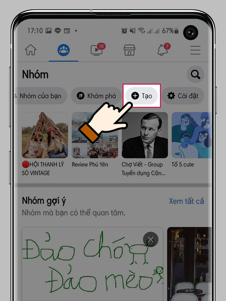Nút 'Tạo' được khoanh vùng trên giao diện Quản lý nhóm của Facebook