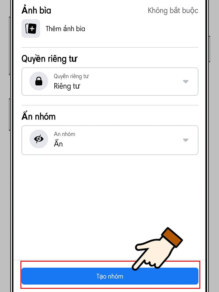 Nút 'Tạo nhóm' cuối cùng trên màn hình thiết lập để hoàn thành việc tạo nhóm