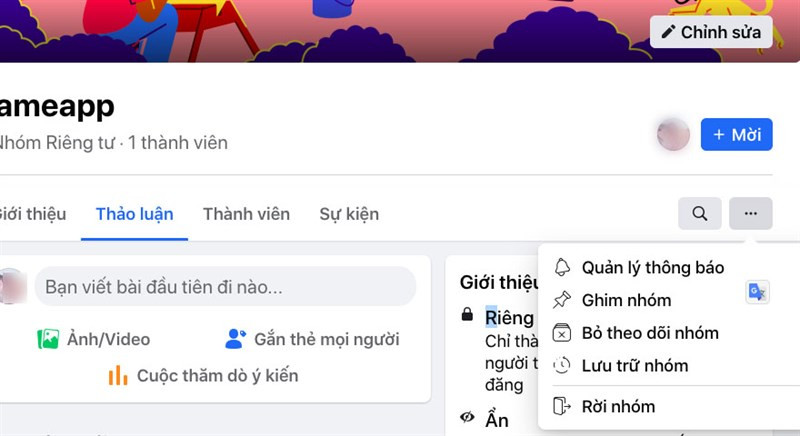 Màn hình hiển thị nhóm Facebook vừa được tạo thành công trên máy tính