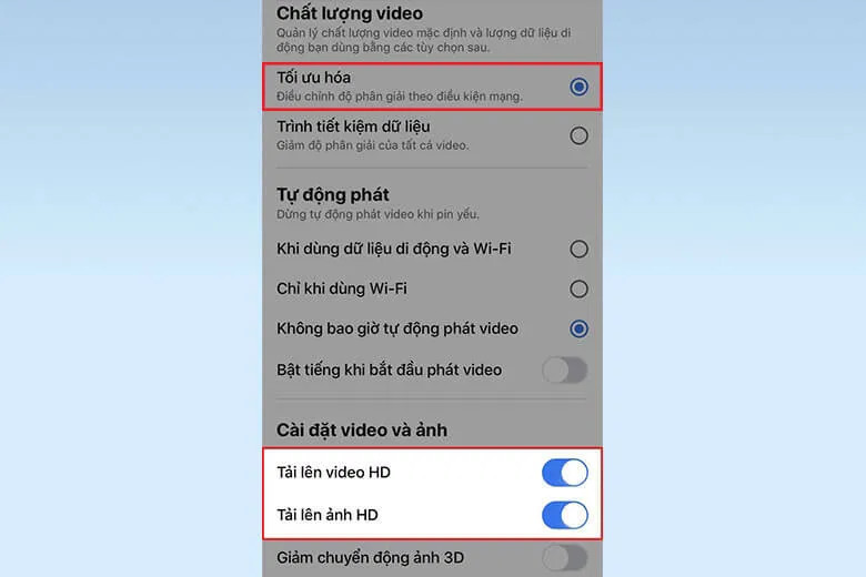 Giao diện cài đặt chất lượng ảnh và video tải lên trên ứng dụng Facebook trên iPhone