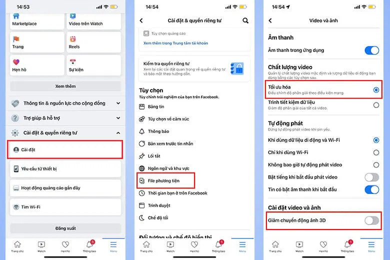 Màn hình cài đặt chất lượng video và phương tiện trên ứng dụng Facebook của điện thoại Android