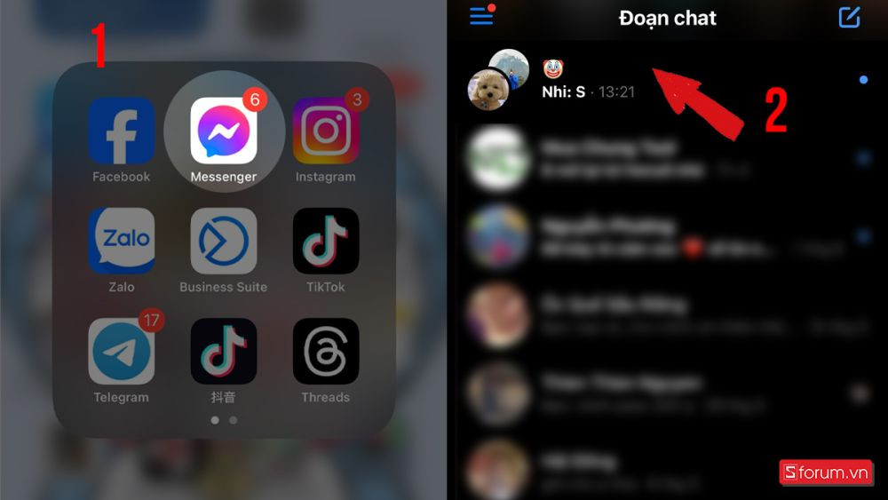 Giao diện ứng dụng Messenger trên điện thoại, hiển thị danh sách các đoạn chat nhóm, sẵn sàng để chọn nhóm cần giải tán