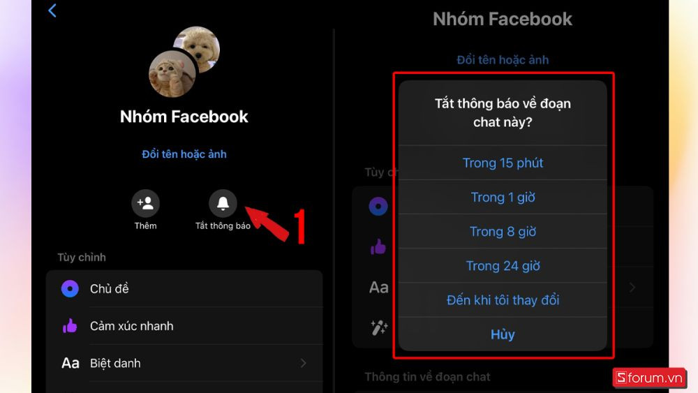 Cửa sổ cài đặt thông báo của nhóm chat Messenger, cho phép người dùng chọn khoảng thời gian tắt thông báo