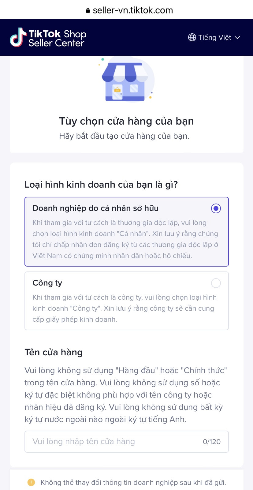Lựa chọn hình thức kinh doanh cá nhân hoặc doanh nghiệp khi đăng ký TikTok Shop