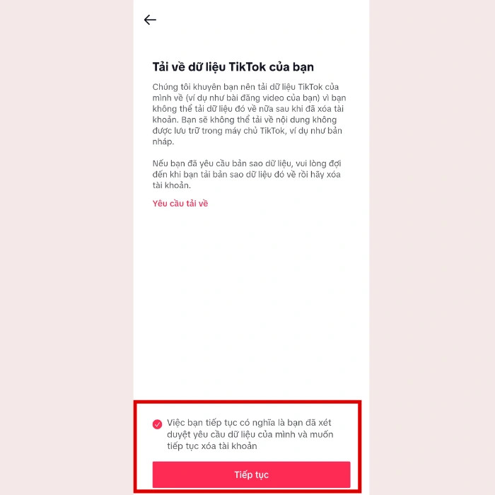 Màn hình tùy chọn tải dữ liệu TikTok trước khi xóa tài khoản