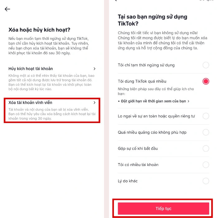 Màn hình lựa chọn lý do và xác nhận xóa tài khoản vĩnh viễn trên TikTok