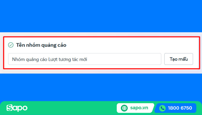 Giao diện đặt tên cho nhóm quảng cáo Facebook với các tùy chọn phân loại