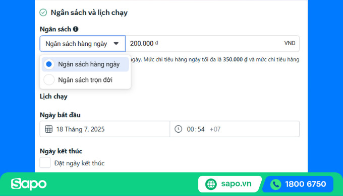 Thiết lập ngân sách hàng ngày hoặc trọn đời cho chiến dịch chạy quảng cáo Facebook