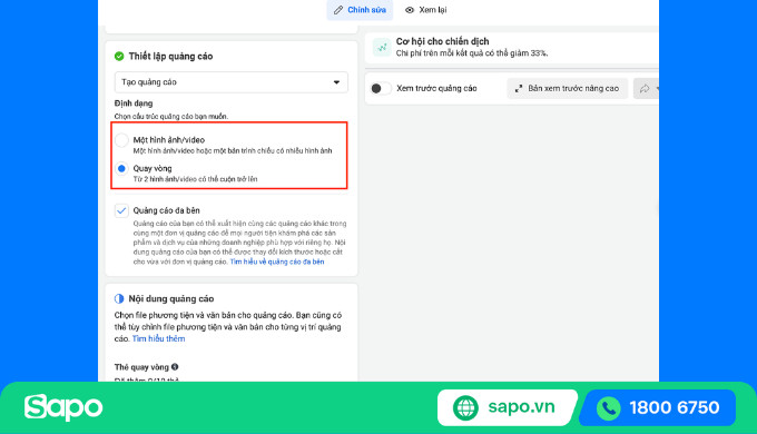 Các tùy chọn định dạng quảng cáo Facebook như hình ảnh, video đơn hoặc quay vòng