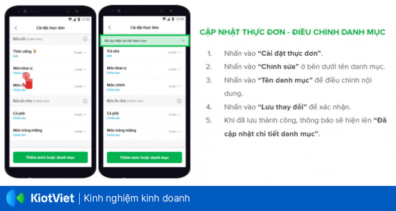 Màn hình ứng dụng Grab Merchant hiển thị thực đơn và đơn hàng