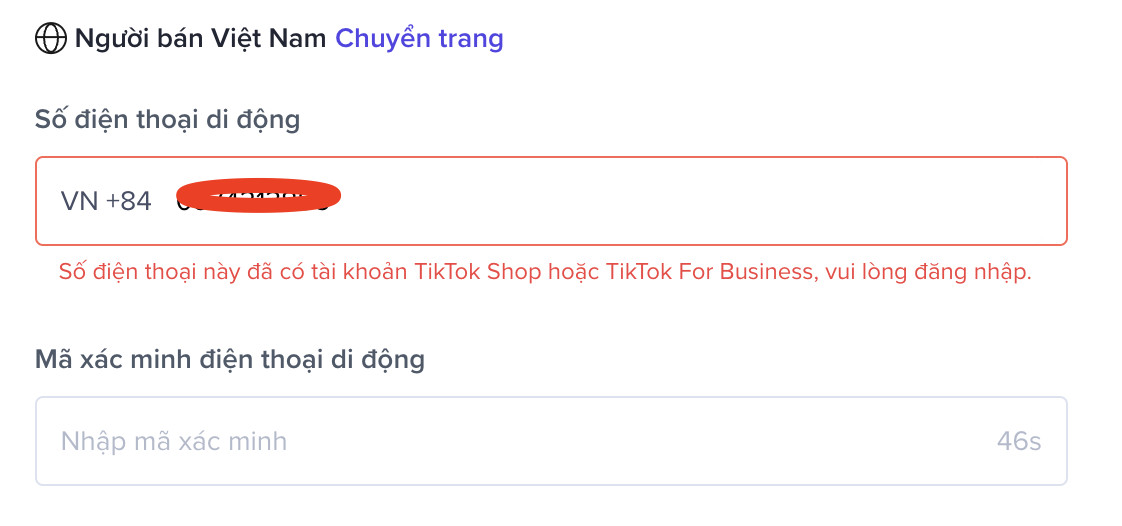 Thông báo lỗi khi số điện thoại đã được sử dụng để đăng ký TikTok Shop trước đó