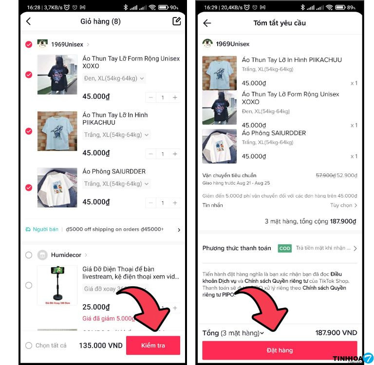 Giao diện kiểm tra và đặt mua sản phẩm trong giỏ hàng TikTok Shop