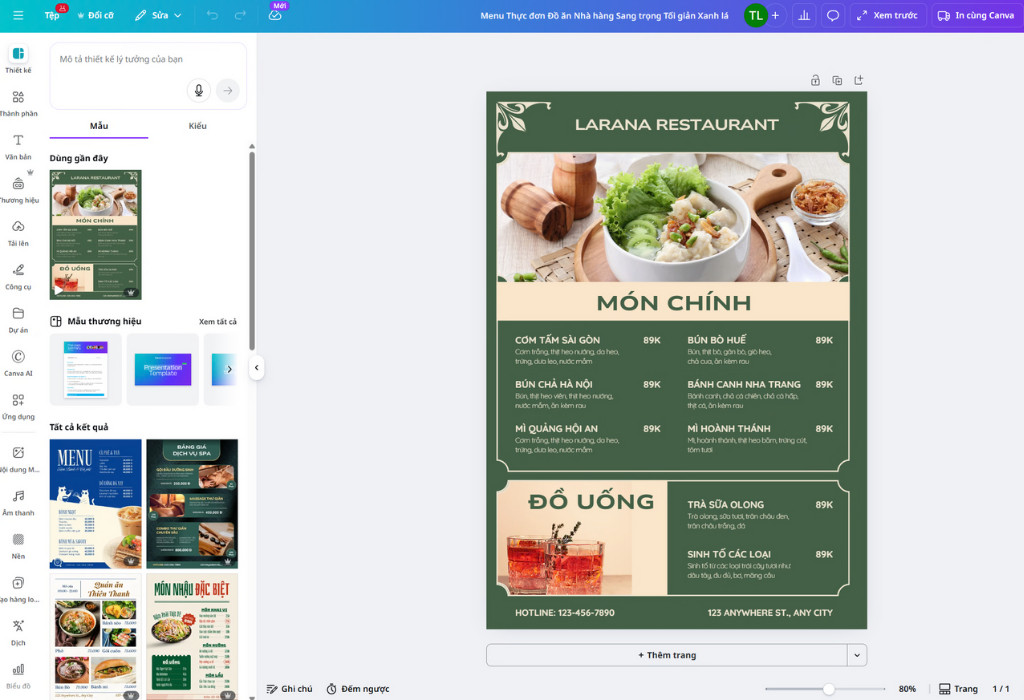 Minh họa các bước hướng dẫn thiết kế menu nhà hàng bằng công cụ Canva, từ chọn mẫu đến tùy chỉnh nội dung