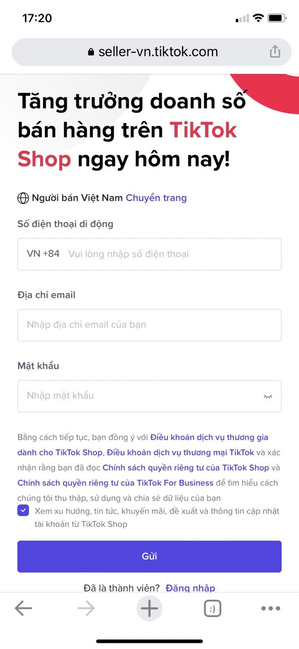 Giao diện trang đăng ký tài khoản bán hàng chính thức của TikTok Shop