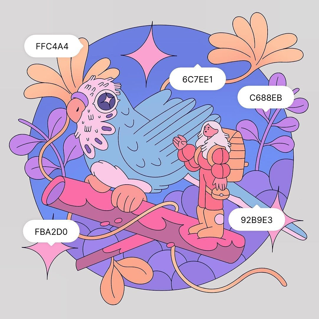 Bảng phối màu bao gồm các tông xanh lá cây, xanh dương nhạt và màu be